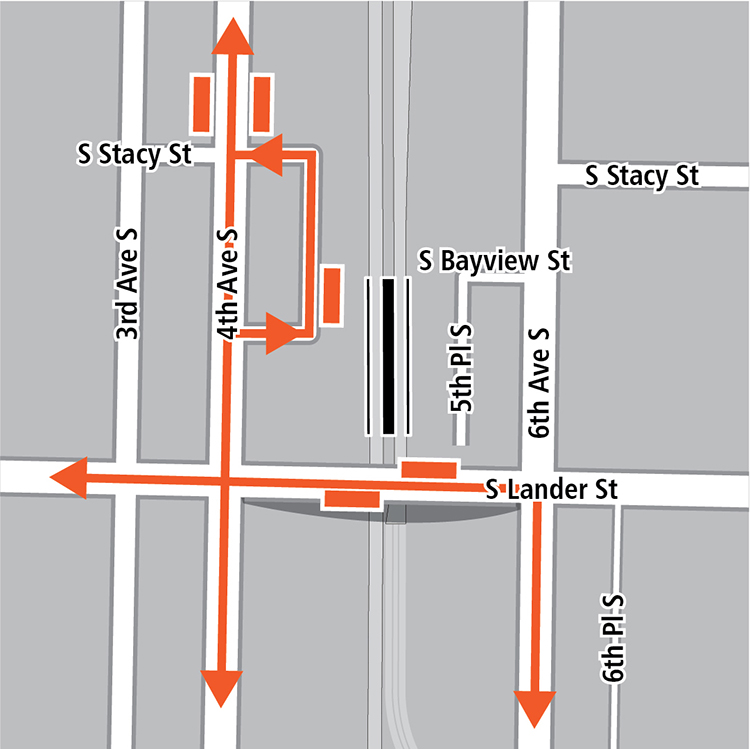 Map with boundaries of South Stacy Street to the north, South Lander Street to the south, Sixth Avenue South to the east, and Third Avenue South to the west. At grade station is between Fourth Avenue South and Fifth Place South, north of South Lander Street. A bus stop is on the east side of the station. Bus routes run westbound on South Lander Street, southbound on Sixth Avenue South, and on Fourth Avenue South.